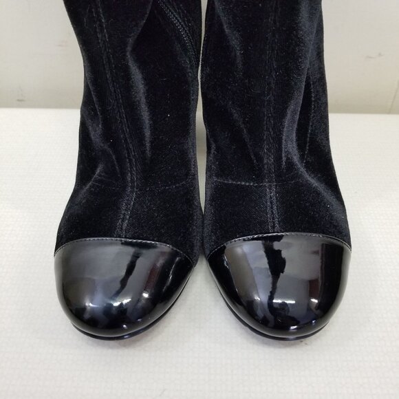 Guess 7.5 Black Velvet Thigh High Heeled Boots LOLO Patent Leather Cap Toe - Picture 8 of 10